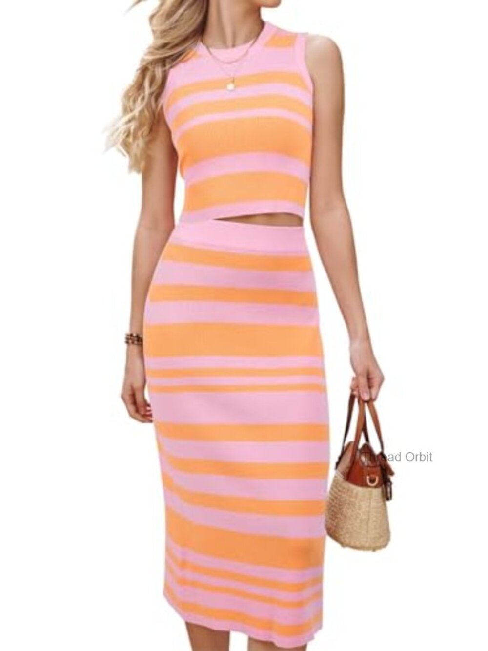 Women's Knit 2 Piece Set Skirt and Sleeveless Crop Top Striped